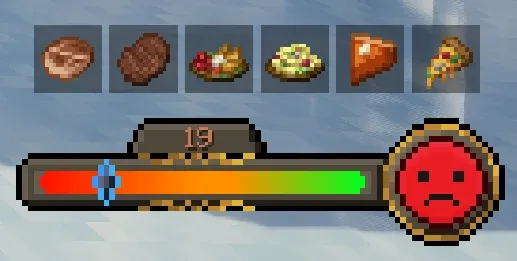 Held-food preview showing the Comfort value a dish will grant