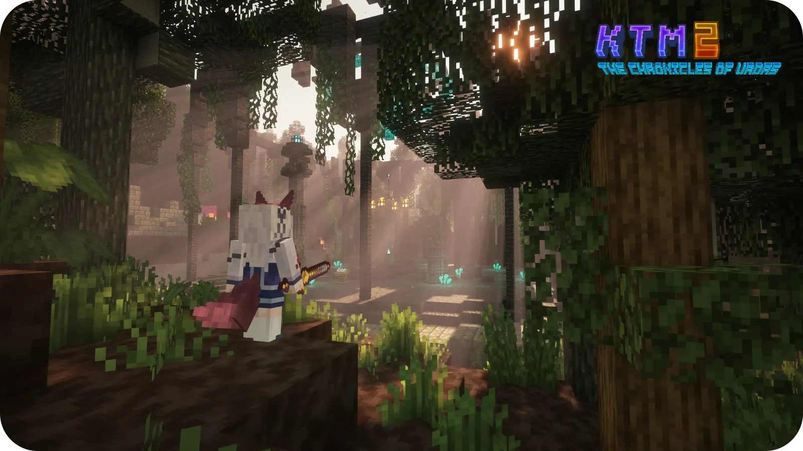 Ruins reclaimed by the Moonshadow forest, lit through the canopy