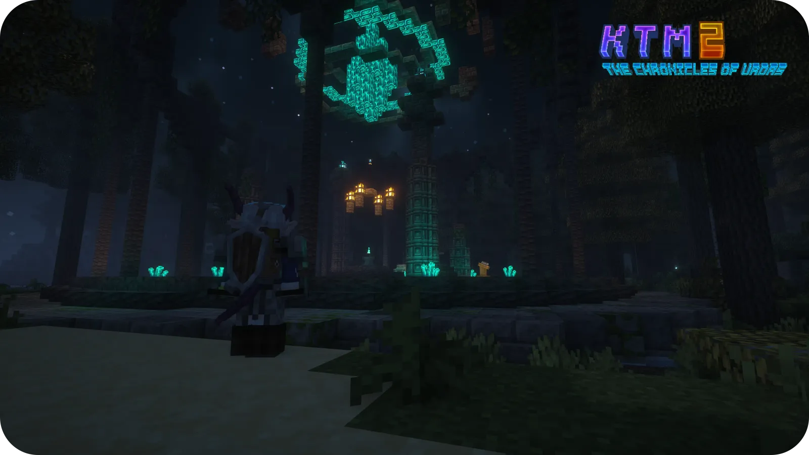An arcane crystal shrine burning cyan against the night