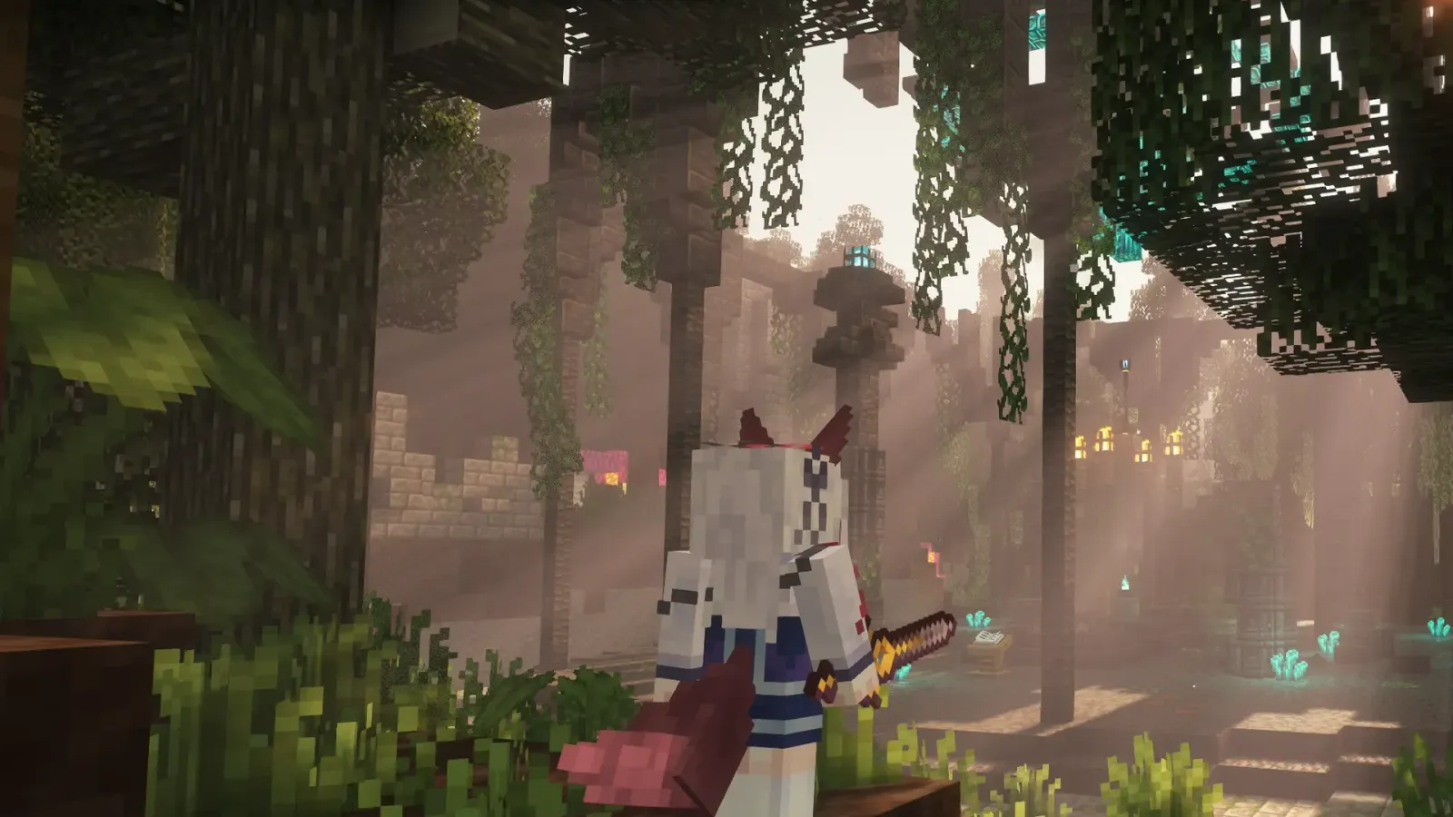 A ruined temple overgrown by the Moonshadow forest, lit by arcane crystal